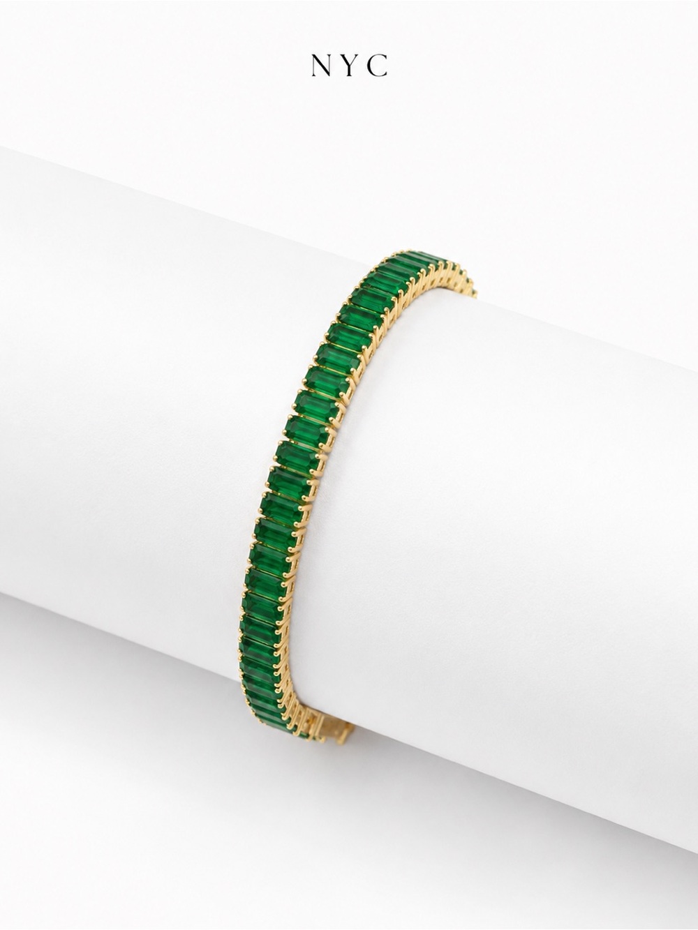 NYC Gold Plated Bracelet with Emerald Green Baguette Stones